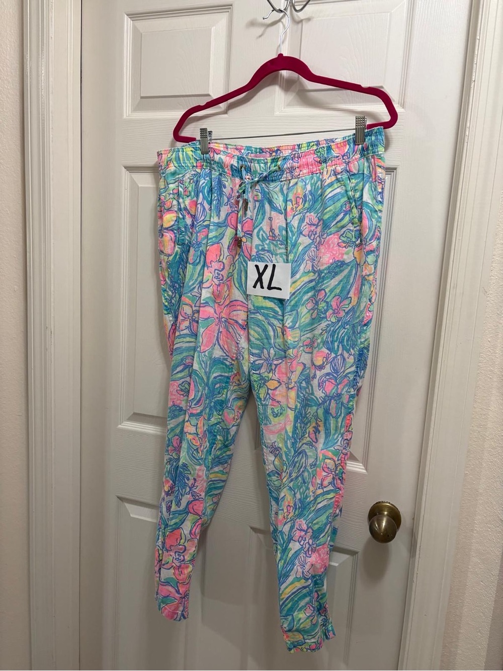 Lilly Pulitzer Linen Drawstring Beach Pants XL Tropical Floral Resort Pull-on - Picture 2 of 9